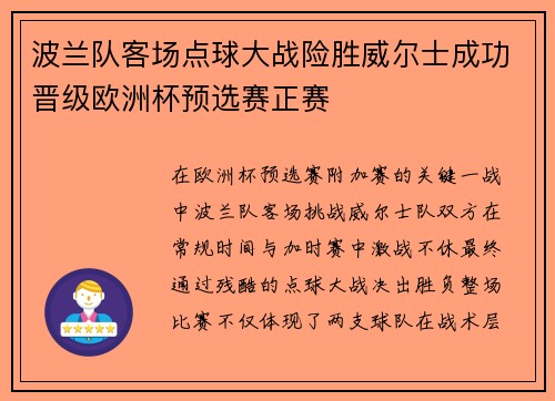 波兰队客场点球大战险胜威尔士成功晋级欧洲杯预选赛正赛